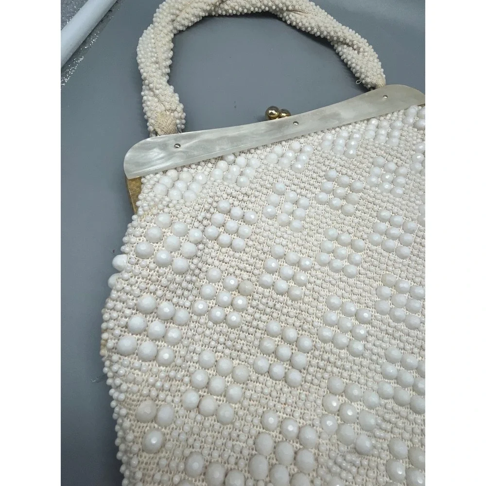 Vintage Beaded Off White Handbag‎ Hong Kong Pearlized Lucite Trim 1960s